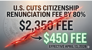 U.S. CUTS CITIZENSHIP RENINCIATION FEE BY 80% $2350 FEE - $450 FEE EFFECTIVE APRIL 13, 2026
