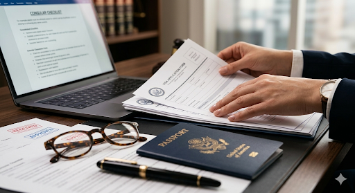 Close-up of a desk with immigration paperwork, a U.S. passport, eyeglasses, and a laptop displaying a consular document, as a person reviews forms related to a visa or immigration application.