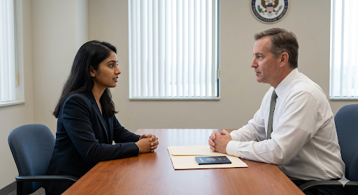 You are sitting at a U.S. consulate for your visa interview