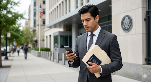 A professionally dressed man in a gray business suit stands outside a U.S. government building while looking at his phone and holding a U.S. passport and legal documents, suggesting preparation for an immigration or visa interview.