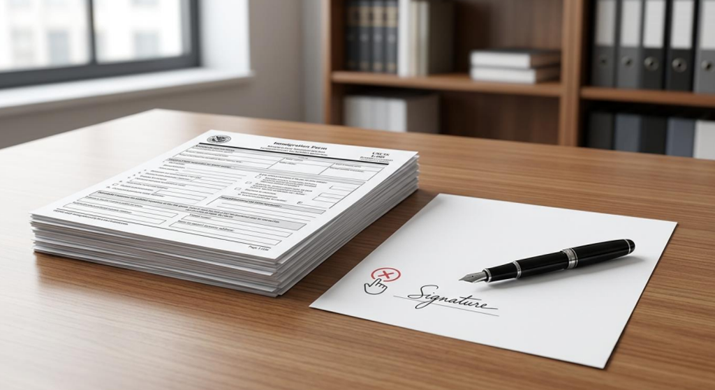 Stack of legal documents and a signed form with a pen placed on an office desk