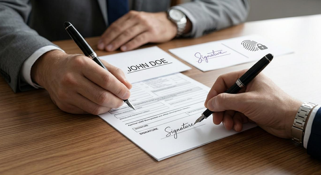 Attorney reviewing and signing legal documents with clients during an office consultation.