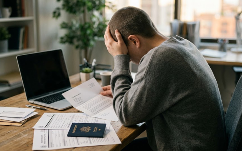 A Frustrated man sitting on desk with Laptop on Table